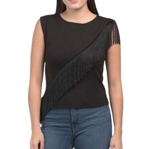 NWT W5 Women's Diagonal Crossbody Fringe Detail Top Sleeveless Black Size L